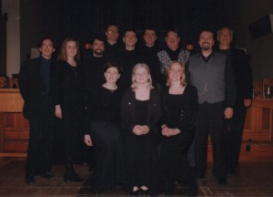 Camerata’s first major performance in April 1997, with guest singers. (Back row, from l. to r. Andrew Balfour, Jennifer (Whicker) Engbrecht, Raymond Sokalski, Arnold Johnson, Richard Moody, Kenton McPeek, Michael Thompson, Donald Warrener and John Tanner; (front row, from l. to r.) Ruth Moody, Rachel Moody and Sheri Lohrenz.
